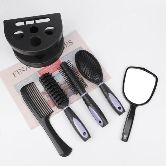 5-Pack Comb Brush Set with Mirror Hair Brush Holder Air Cushion Comb Professional Massage Comb Cosmetic Hair Styling Tool Set