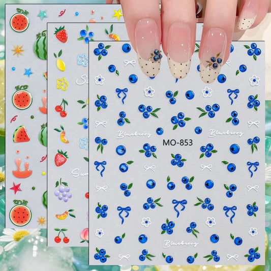 3 to 15 Sheets 5D Fruit Nail Stickers Blueberry Strawberry Watermelon Decals Self Adhesive Summer Nail Art
