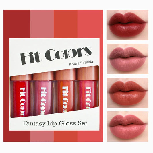Fit Colors Velvet Lip Gloss Set â 4-Piece Non-Transfer, Diamond Finish, Long-Lasting Lip Gloss Collection