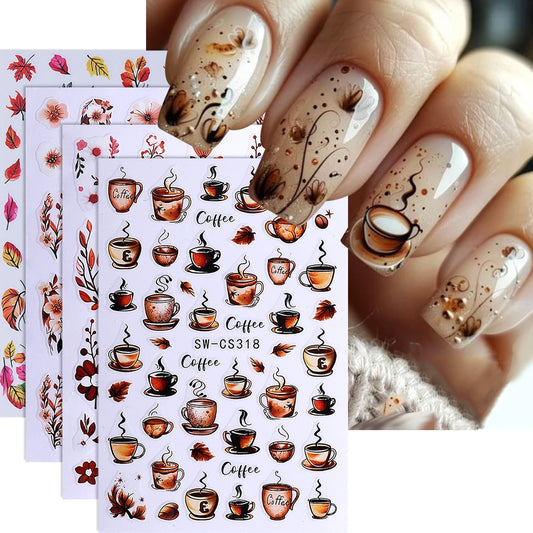 4pcs Autumn Winter Nail Art Stickers 3D Brown Maple Leaf Coffee Pattern Nail Decal Adhesive Slider Manicure Decorations Supplies