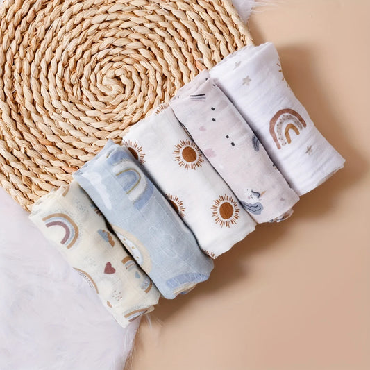 Happyflute 60x60CM Bamboo Cotton Muslin Square Towels 5-Piece Set Soft Gauze Wipes for Baby Face And Bath Newborn Baby Bibs
