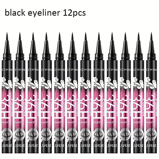 12-pack of best-selling black liquid eyeliners, long-lasting and waterproof, exquisite cosmetics.