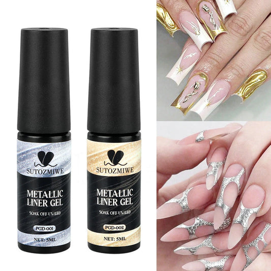 5ml Metallic Gel Liner Nail Polish Silver Gold Mirror Chrome Effect Line Painting Nail Art Varnish Soak Off UV Curing Nail Gel