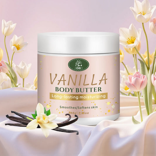 Vanilla Body Butter with Coconut and Shea Oil Nourishes Dry Skin, Moisturizing Cream for Deep Hydration.