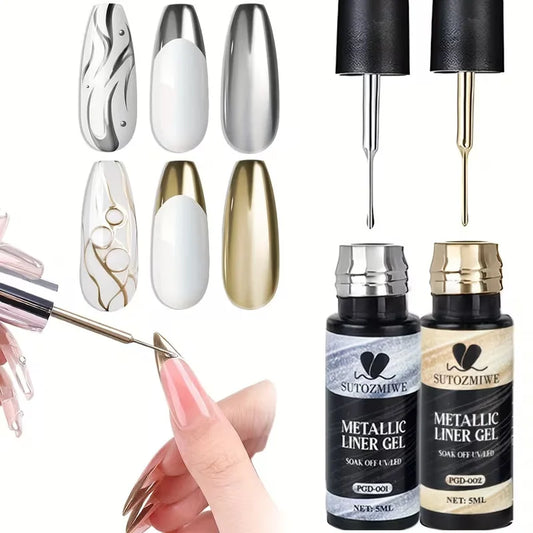 5ml Metallic Gel Liner Nail Polish Silver Gold Mirror Chrome Effect Line Painting Nail Art Varnish Soak Off UV Curing Nail Gel