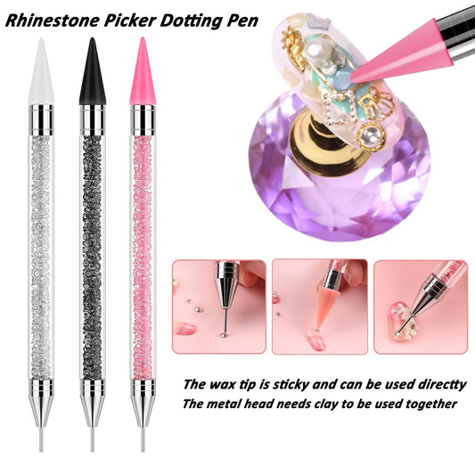 Dual-End Nail Rhinestone Picker Tool Set, Wax Dotting Pens Curved Tweezer Rhinestone Storage Tray, DIY Nail Art Gem Pick Up Tool