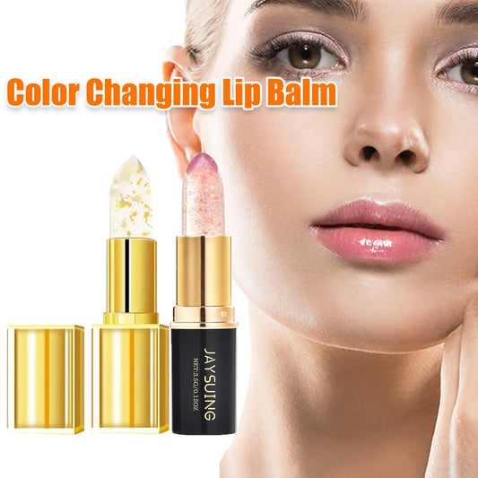 Color Changing Lip Balm Shimmer & Gold Foil Nourishing Lipstick Moisturizing pH Reactive Tinted Lip Gloss for Soft Pink Lips