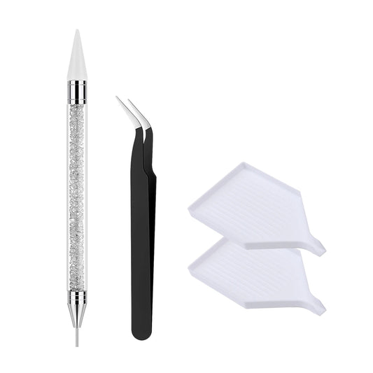 Dual-End Nail Rhinestone Picker Tool Set, Wax Dotting Pens Curved Tweezer Rhinestone Storage Tray, DIY Nail Art Gem Pick Up Tool