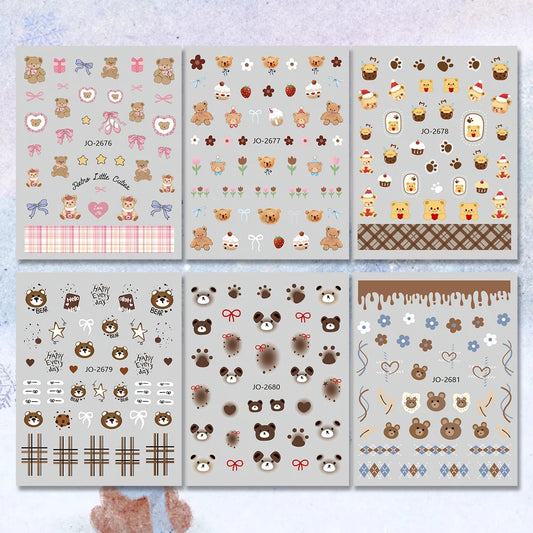 3 to 18 Sheets Cute Bear Nail Art Stickers Set, 3D Kawaii Teddy Bear & Paw Print Decals, Sweet Girl Nail Design Decorations