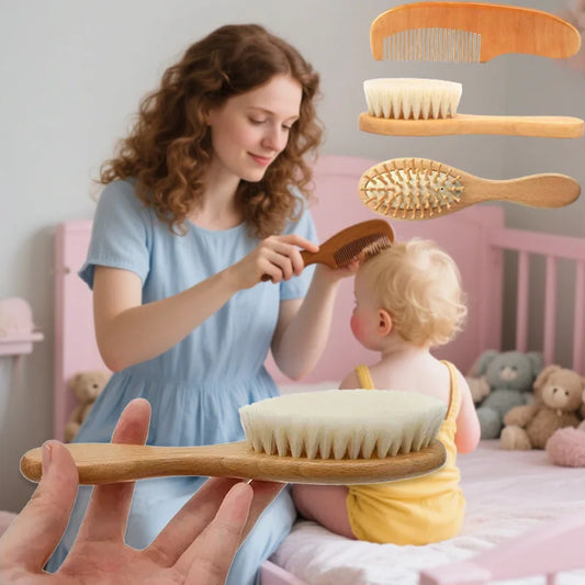 2pcs Baby Natural Wool Wooden Brush Comb Set Newborn Hairbrush Head Massager Bath Brush Kids Comb Birth Baptism Baby Shower Gift