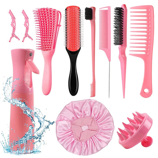 11 pcs Hair Brush Set,Detangling Brush Set for Curly Hair with Hair Spray Bottle, Hairbrush Set, Hair Scalp Massager Brush