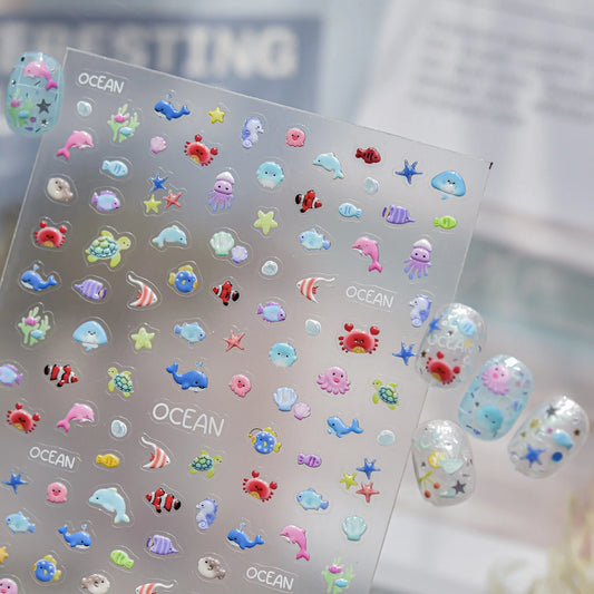 Ocean Animal 5D Nail Stickers Dolphin Octopus Little Crab Sea Turtle Tropical Fish Shell Summer Seaside Style Manicure Nail Art