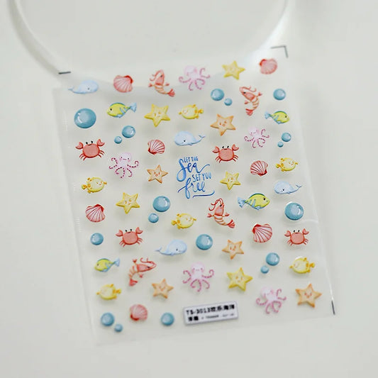 1PCS 5D Embossed Summer Sea Nail Kawai Stickers Dreamy Ocean Shell Animal World Nails Design Manicure Decoration Accessories DIY
