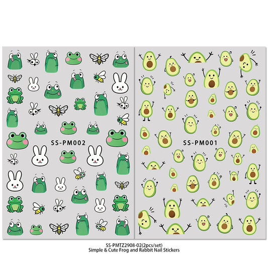 Cute Cartoon Frog Avocado Nail Art Stickers Green Kawaii Animal Fruit Designs Simple DIY Nail Decals for Spring Summer Daily, Ca