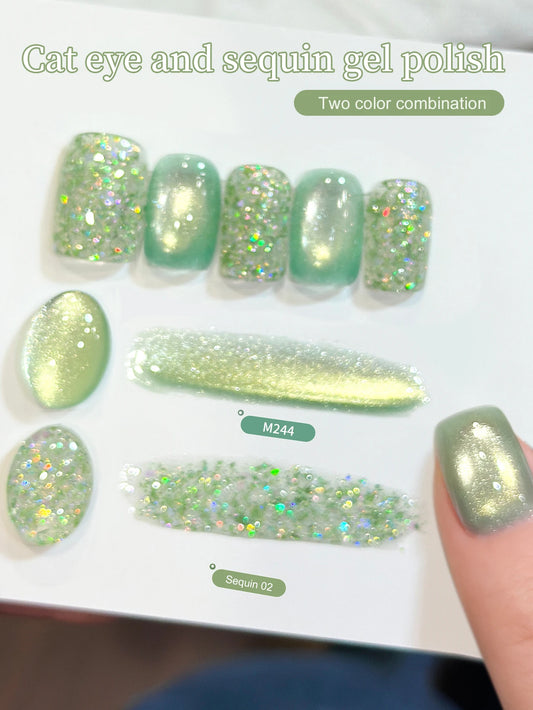 XEIJAYI 2Pcs 15ML Green Cat Eye And Sweet Candy Glitter Nail Gel Set Semi Permanent Nail Art Soaking UV LED Nail Salon DIY Nail