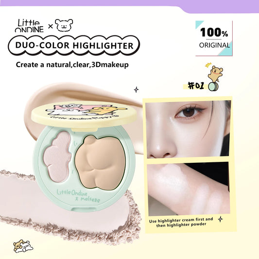 Little ONDINE Duo-Color Highlighter 01,Fine Shimmer Texture,Minimal Fallout,Natural Dewy Glow,Face Brightening,Luxury Makeup