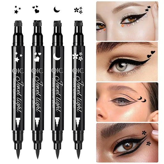 1pcs Liquid Eyeliner Pen Set Dual-Tip Stamps with Black Ink - Includes Heart, Moon, Star Shapes for Eye Makeup, Eyeliner Stamp