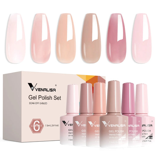 Venalisa TPO/HEMA FREE 6pcs/Kit 7.5ml Gel Polish Nude Jelly French Colors Soak-Off UV LED Nails Varnish Pigment Manicure Box
