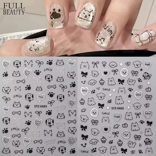1Pcs Cute Cartoon Dog/Cat Nail Art Stickers Cartoon Rabbit Heart Star Animals Self-Adhesive Decals Cartoon Nail Art