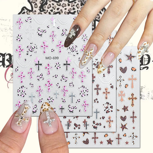 3/6/12 Sheets Leopard Cross Nail Stickers Set (Pink/Brown/Black), Y2K Punk Animal Print 3D Nail Art Decals for DIY Manicure