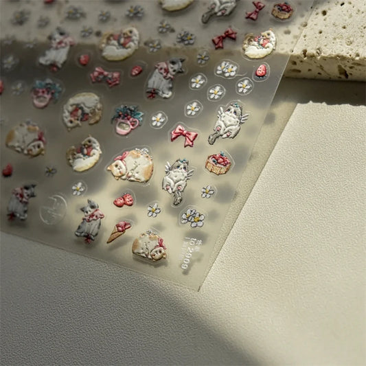 Lovely Cat Bunny Animal Flower Bow Tie 5D Relief Self Adhesive Nail Art Decoration Stickers 3D Colored Manicure Decal DIY Kitty