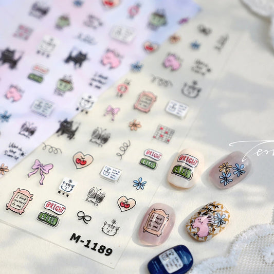 Cute Doodle 5D Nail Art Sticker Minimalist Cartoon Cats Puppy Bunny Butterfly Love Hearts Bowknot Playful Manicure Decal DIY