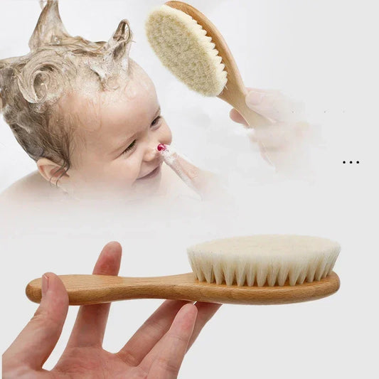 2pcs Baby Natural Wool Wooden Brush Comb Set Newborn Hairbrush Head Massager Bath Brush Kids Comb Birth Baptism Baby Shower Gift