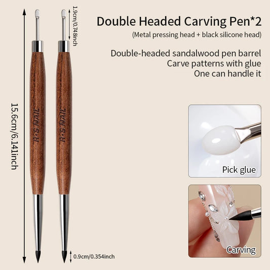 RSNAIL 1/2PCS Wooden Double Head Nail Art Brush Silicone Carving Pen Nail Supplies Carving Flower Painting Pen for Nail Art Tool