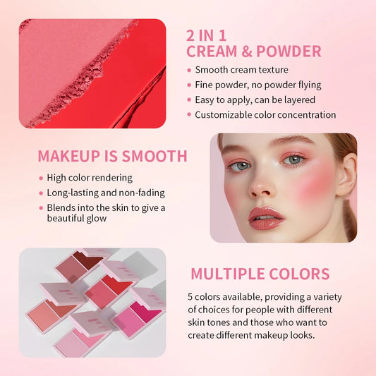 Cream & Powder Blush Matte 5Colors Dewy Rosy Blush Makeup Pan Long-lasting Wearing High Pigment Natural Matte Blush Cosmtics
