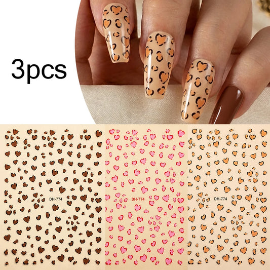 3 Colors Leopard Print 3D Nail Art Stickers Heart Shaped Cute Leopard Nail Decals Adhesive DIY Nail Art Decorations Wraps Slider