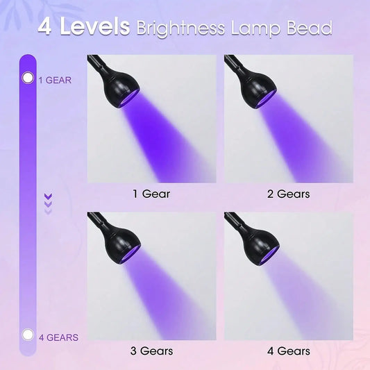 UV Glue Curing Lamp â 4-Level Dimming Clip Light With Purple/Ultraviolet Light | Portable Nail & Craft Adhesive Dryer In Silvery Pink & Black | Professional-Grade For DIY, Nail Art & Repairs