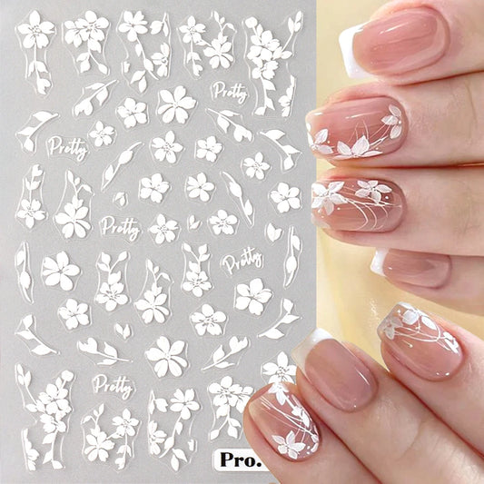 2pcs White Flower 3D Nail Art Stickers Sakura Blooming Florals Leaf Self-Adhesive Nail Decorations Sliders for DIY Manicure