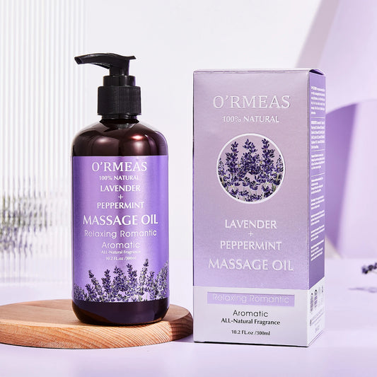 Lavender & Peppermint Infused Massage Body Oil - Warming & Moisturizing Formula for Men & Women, 10.2 Fl.Oz