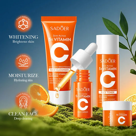 4pcs/box SADOER 5x Vitamin C Kit Whitening Moisturizing Travel Set(Facial Cleanser, Toner, Serum, Face CreamïŒ
