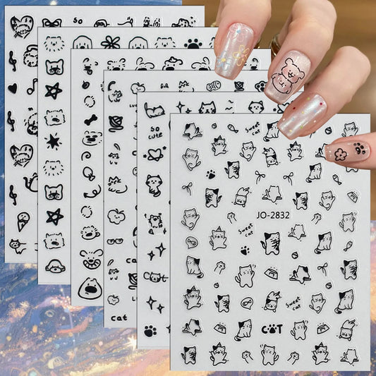 3/6/12 Sheets 3D Cute Cat Nail Stickers Black White Cartoon Animal Paw Fish Bone Self Adhesive Nail Decals