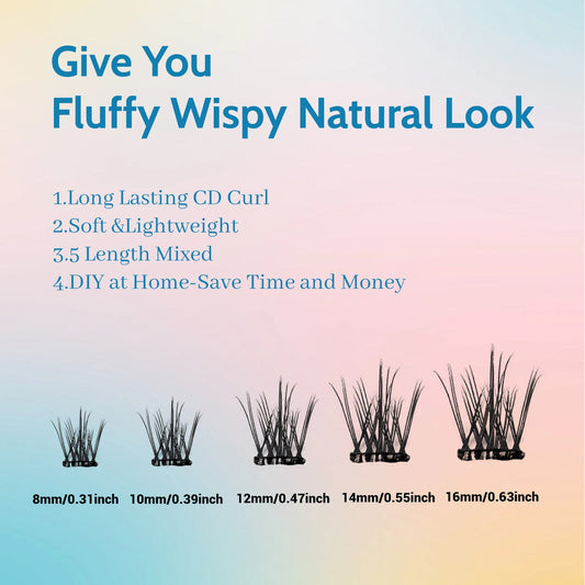 Self-Adhesive False Eyelashes, 96 Pieces, Wispy Natural Look, Black, for Home Use (D-Mix8-16 mm), Press-On Eyelashes with Invisible Band, Suitable for Beginners