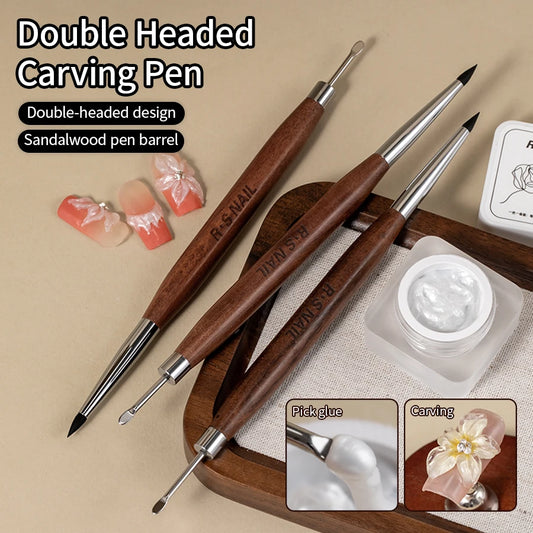 RSNAIL 1/2PCS Wooden Double Head Nail Art Brush Silicone Carving Pen Nail Supplies Carving Flower Painting Pen for Nail Art Tool