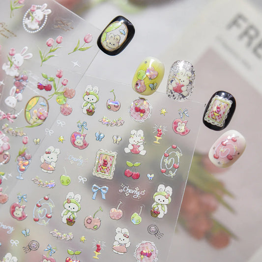 Shell Glitter Nail Decal Sweet Spring Bunny Decorative Stickers For Nails Cute Rabbit Fruits Bow Nail 3D Decorations Sticker DIY