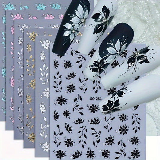 6/4 Pcs Floral Nail Stickers, Flower and Leaf Pattern Self-Adhesive Nail Decals, Charm DIY Nail Art Decorations Women's Supplies