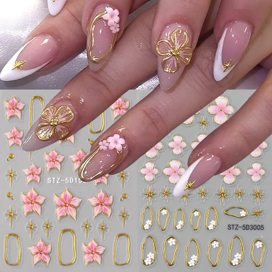 5D Floral Embossed Nail Stickers Bronzing Hibiscus Flower Petals Star Frame Elegant Nail Art Decals for Spring Summer Decor