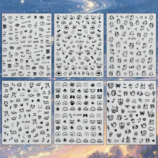 3/6/12 Sheets 3D Cute Cat Nail Stickers Black White Cartoon Animal Paw Fish Bone Self Adhesive Nail Decals