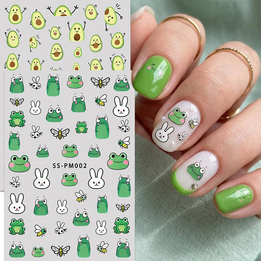 Cute Cartoon Frog Avocado Nail Art Stickers Green Kawaii Animal Fruit Designs Simple DIY Nail Decals for Spring Summer Daily, Ca