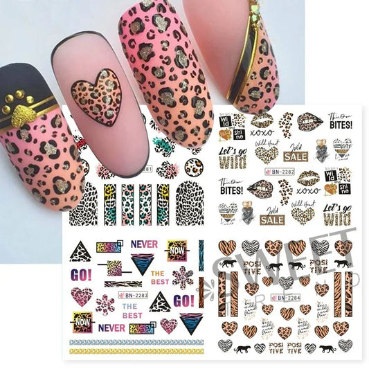12pcs Leopard Print Nail Water Sticker Charm Wild Animal Pattern Geometry New Year Manicure Accessories Tattoo Nail Art Sliders