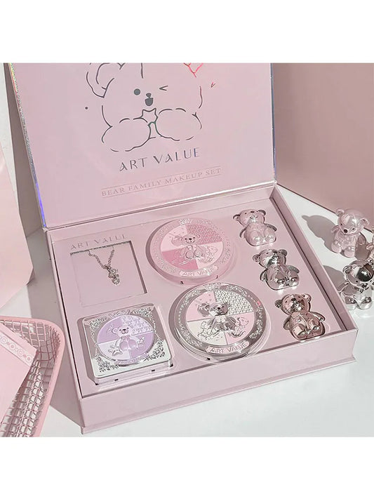 ART VALUE 7PC Makeup Sets Include 3 Colors Matte Lip Mud,1 Pressed Powder,1 Blush,1 Eyes Palette,1 Necklace Beauty Makeup Sets