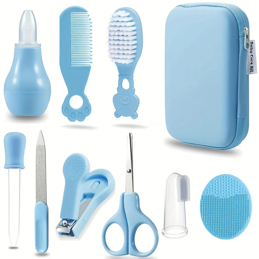 9pcs/pack Baby Grooming Kit with Travel Case, Safety Care Set with Feeding Dropper, Nose Cleaner, Nail Clippers, Comb, Brushes,