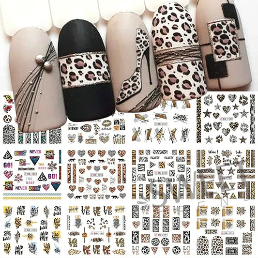 12pcs Leopard Print Nail Water Sticker Charm Wild Animal Pattern Geometry New Year Manicure Accessories Tattoo Nail Art Sliders