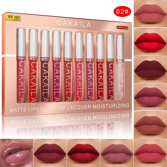 Matte Lip Gloss Lip Oil 10pc/set: Velvet Lipstick High Pigment Waterproof Long Lasting, Nude, Y2K Christmas Valentine's Day Gift