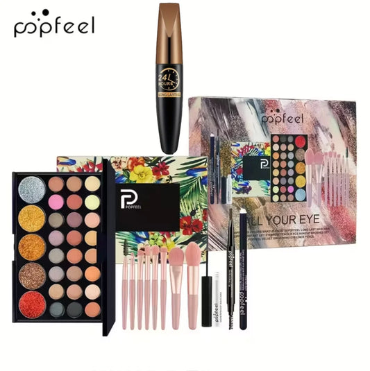 POPFEEL All-in-One Full Face Makeup Kit with Brush+Volumizing Mascara-Complete BeautySet, Berry & Neutral Foundation, Blush, Eyeshadow Palette & Mascara Suitable for Gifts orPersonal Use, Comprehensive Powder-Based Makeup Col