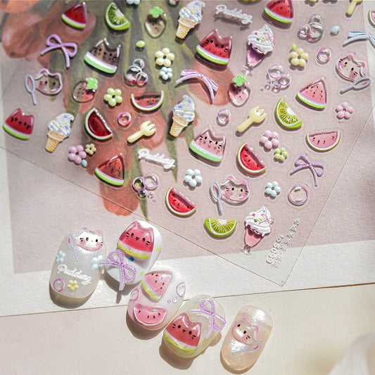 Watermelon Cat Ice Cream Strawberry Bowknot Crab Sunglass Coconut Tree Flowers Apple Fruits Dog Summer Nail Art Stickers Decals