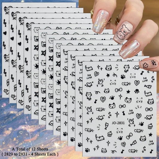 3/6/12 Sheets 3D Cute Cat Nail Stickers Black White Cartoon Animal Paw Fish Bone Self Adhesive Nail Decals